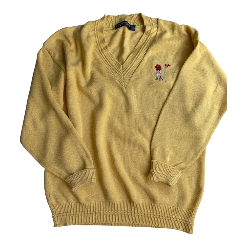 Vintage Scottish Isle by Bernette Yellow V-Neck Golf Sweater Embroidered XLT - Picture 7 of 7